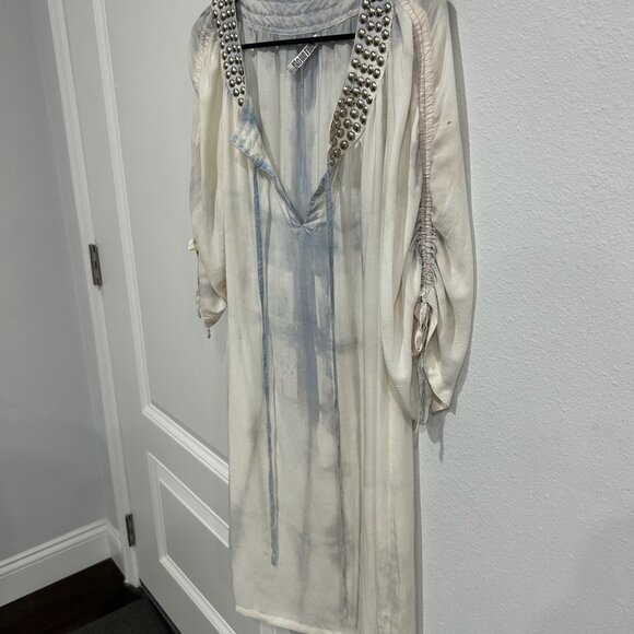 Monoreno Studded Tie-Dye Rayon Ruched Sleeves Studed Tunic Top Size L Bohemian - Picture 3 of 9